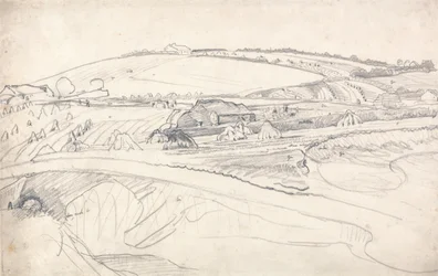 Paysage avec une ferme et des gerbes de maïs